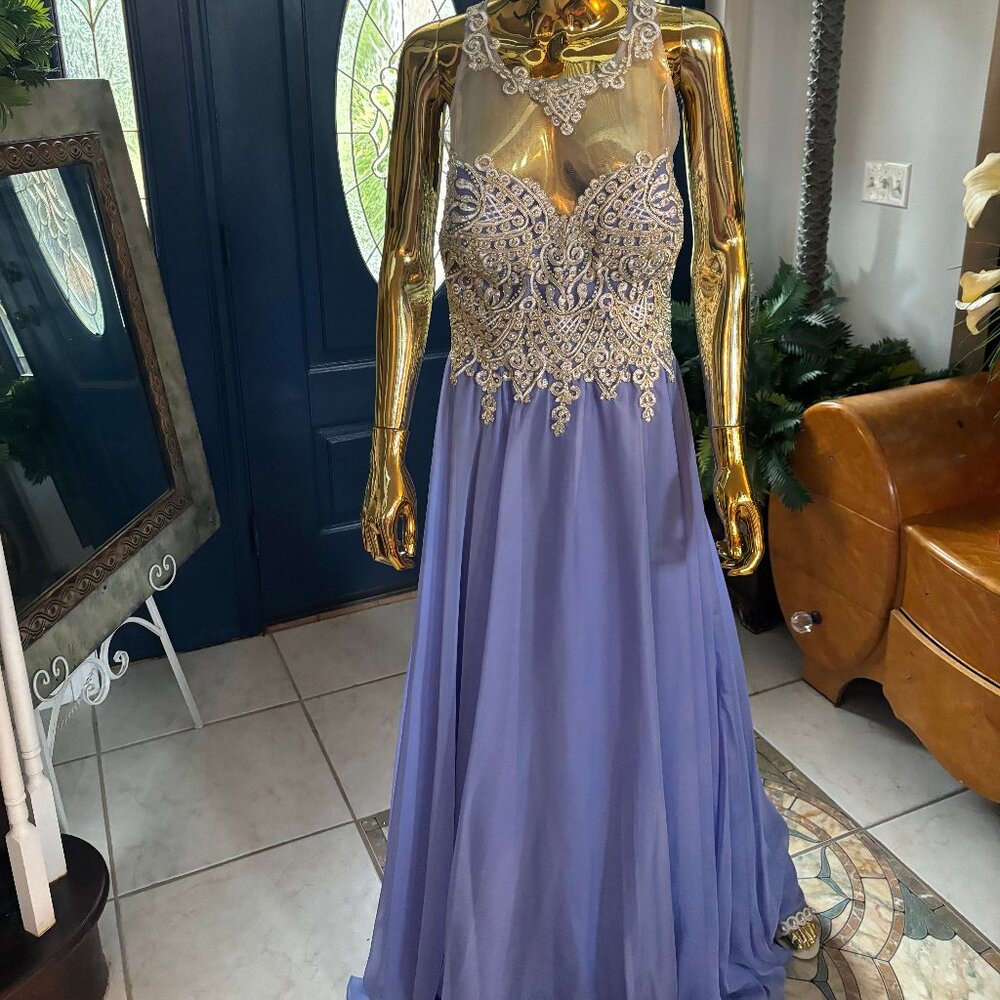 Size 16 Blue Beaded Evening Gown Illusion Halter Formal Dress NWT